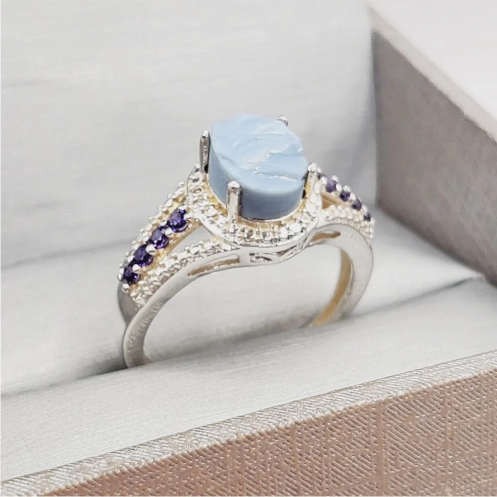 Genuine Rough Cut Blue Oregon Opal & Purple Diamond Simulants 925 Silver Ring